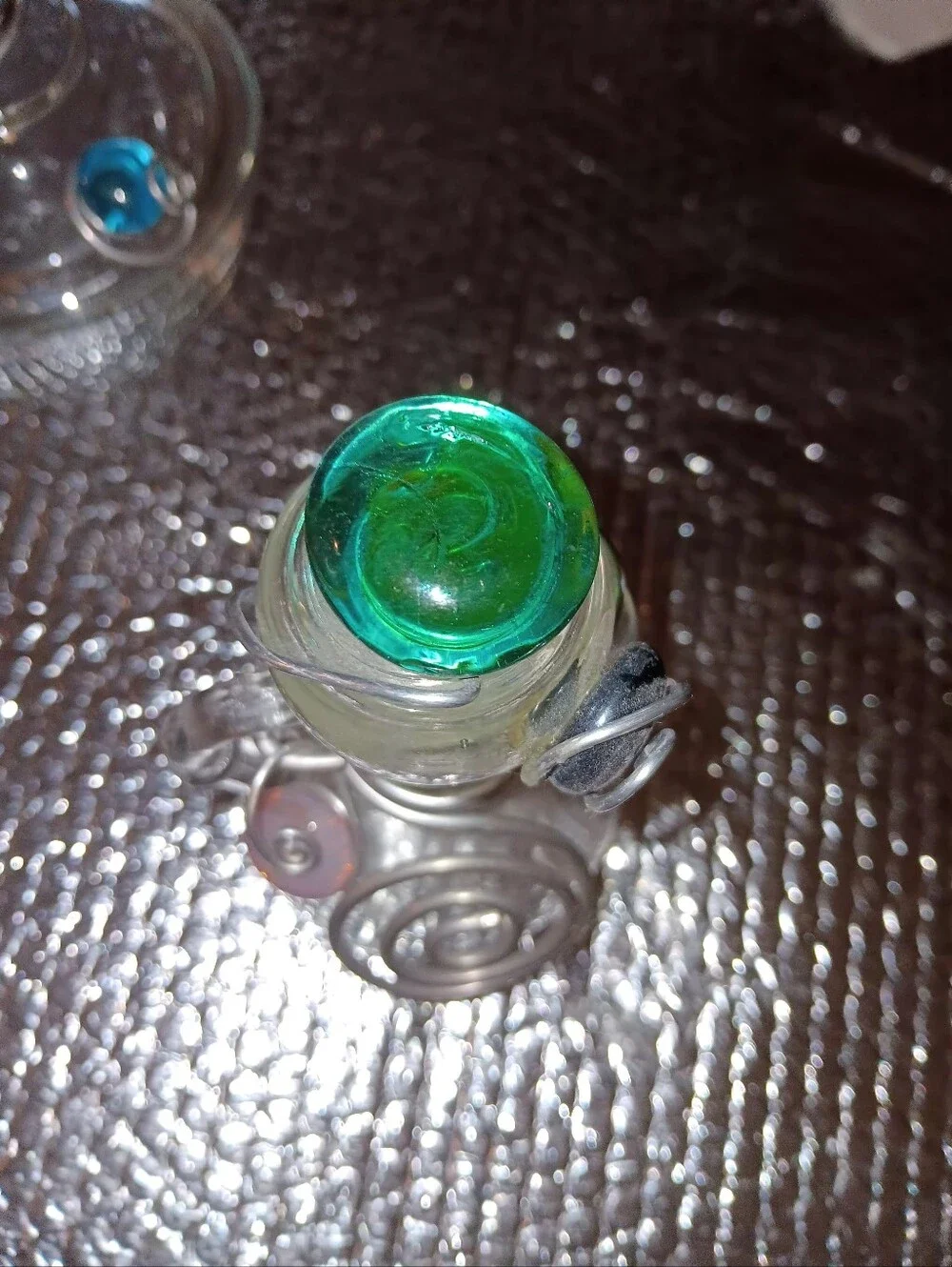 Artisian Crafted Glass Oil And Vinigar Bottles In Stand Wirh Creamer And Sugar
